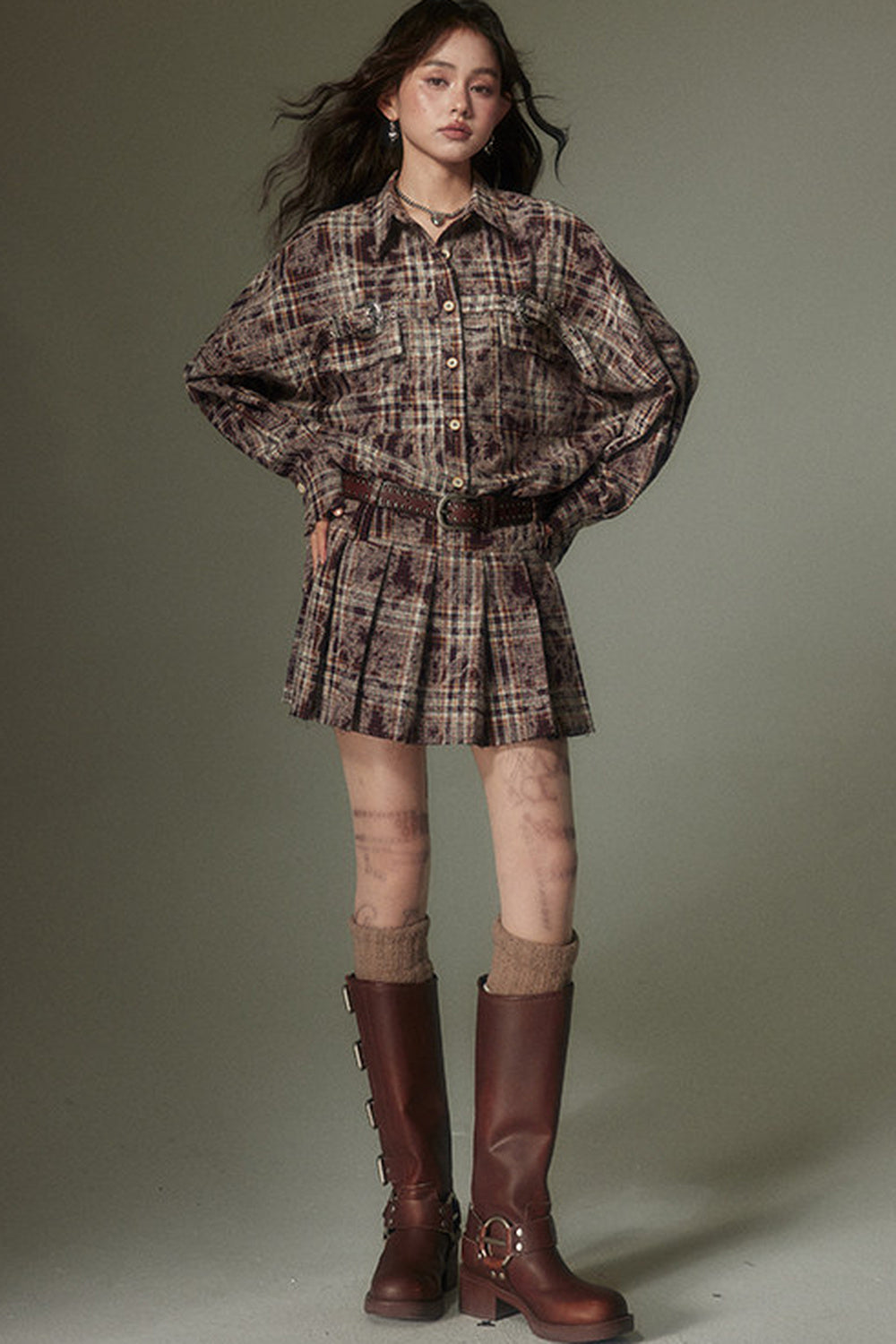 Plaid Shirt and Pleated Skirt Set-Up