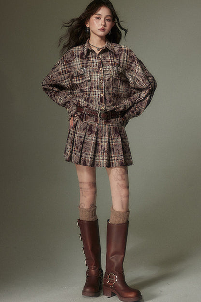 Plaid Shirt and Pleated Skirt Set-Up