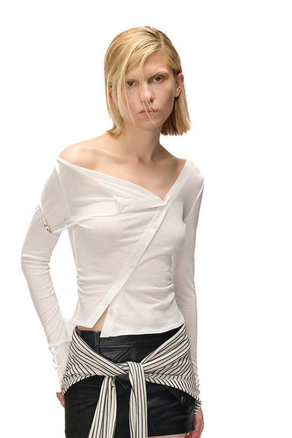 High-Elastic Diagonal Placket Long-Sleeve T-Shirt