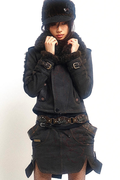 Set aus Jacke mit Used-Optik und Pelzkragen und kurzem Rock