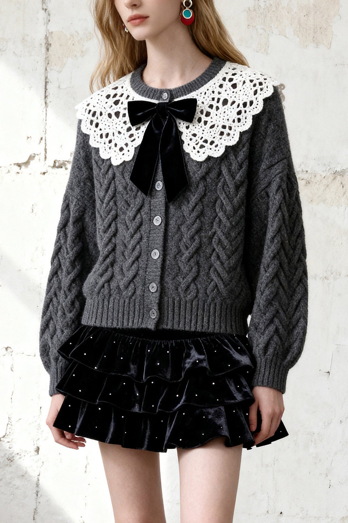 Lace Cardigan Tiered Skirt Set-Up