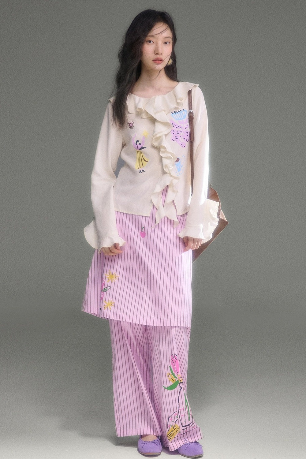 French Ruffle Flared Long-Sleeve Blouse
