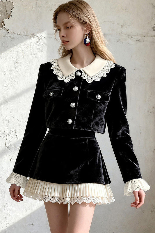 Velvet Jacket Pleated Skirt Set