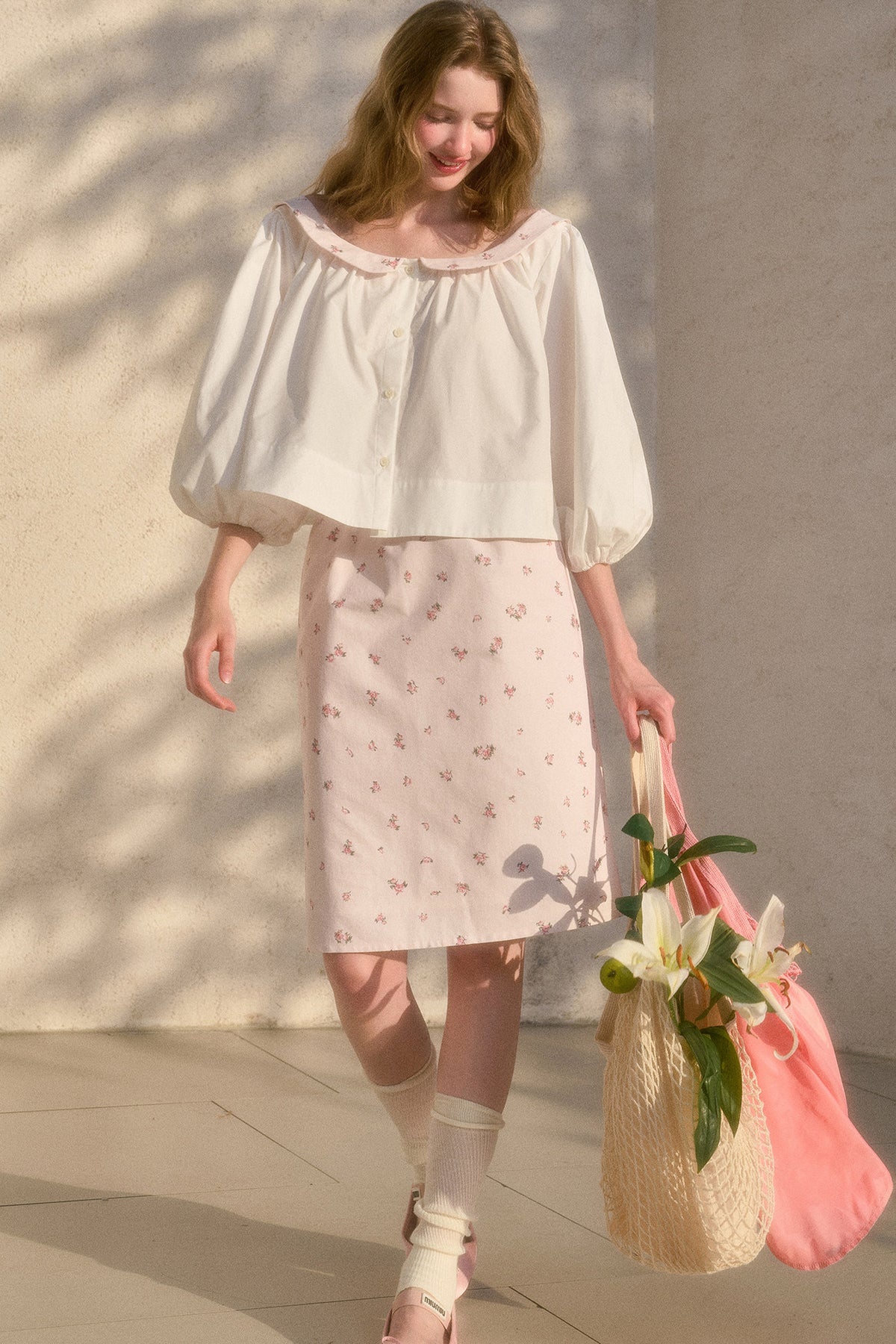 Floral Puff Sleeve Shirt and Skirt Set-Up