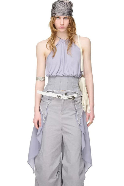 Washed Khaki Patchwork Halter Corset