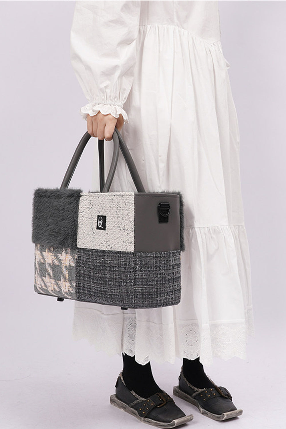 Furry Color-Block Tote Bag