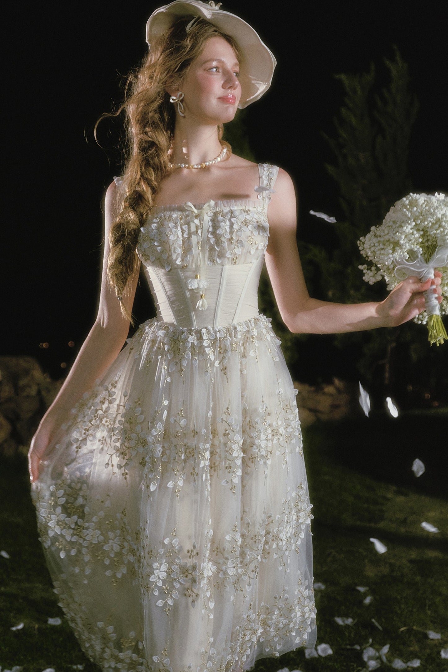 Embroidery Fishbone Strap Long Dress