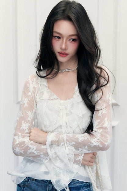 White Floral Lace Cardigan Camisole Set-Up