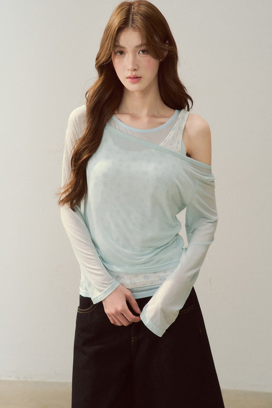 Cooling Layered-Look Long-Sleeve Blouse Set