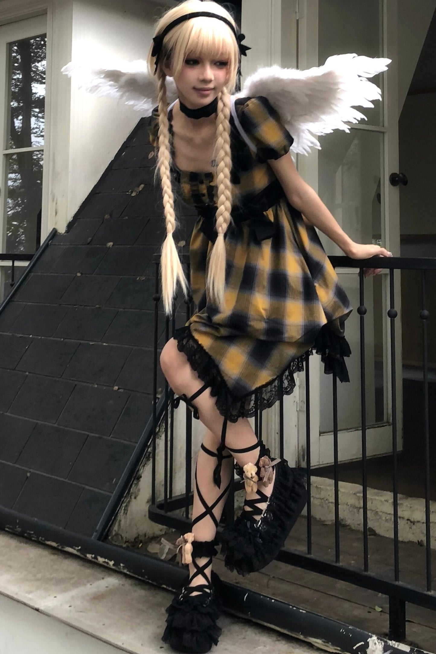 Yellow Plaid Puff Sleeve Dress Set-Up