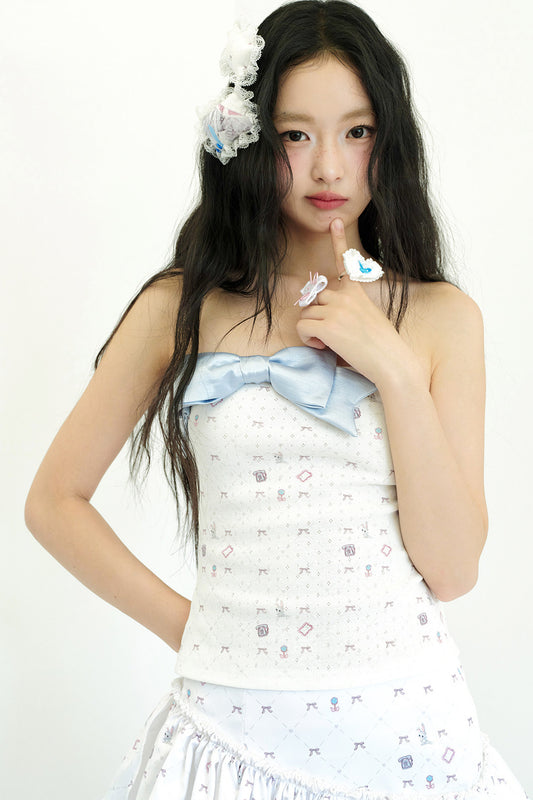 Blue Bow Print Cotton Knit Tube Top