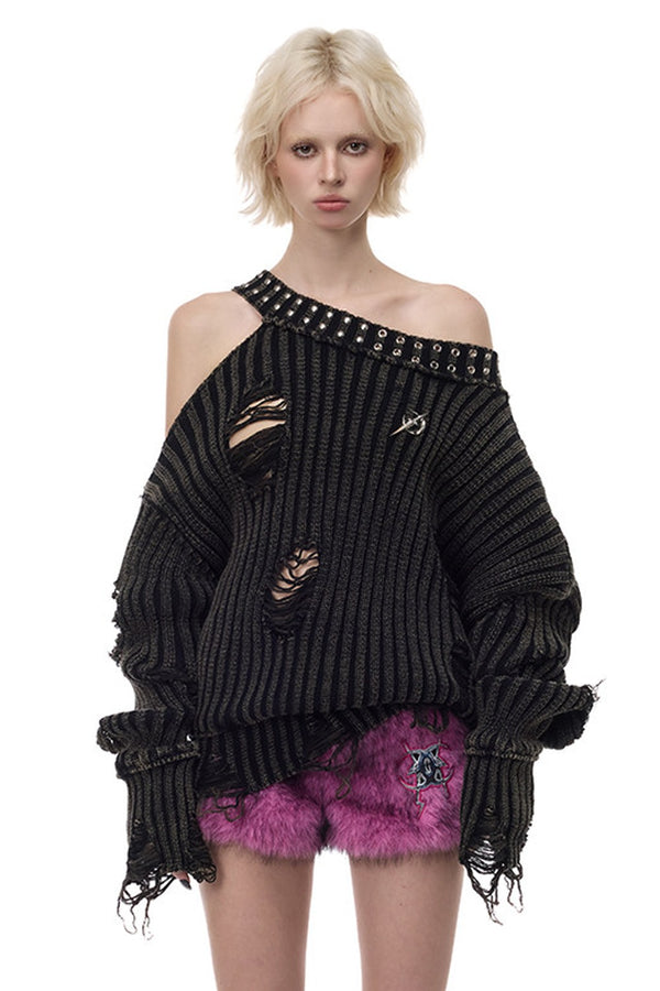 Black Metal Rivet Distressed Sweater
