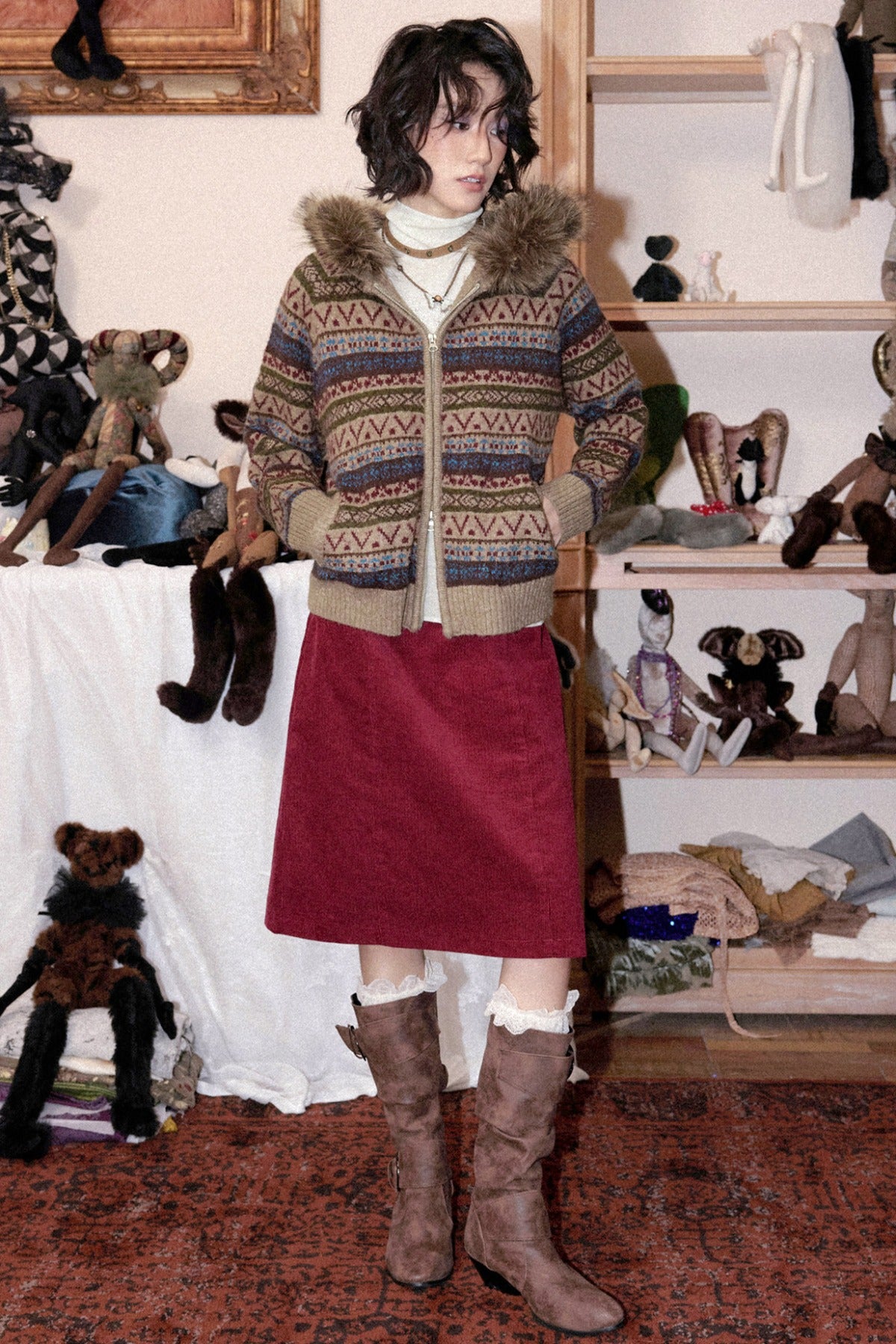 Hooded Fair Isle Wool Cardigan
