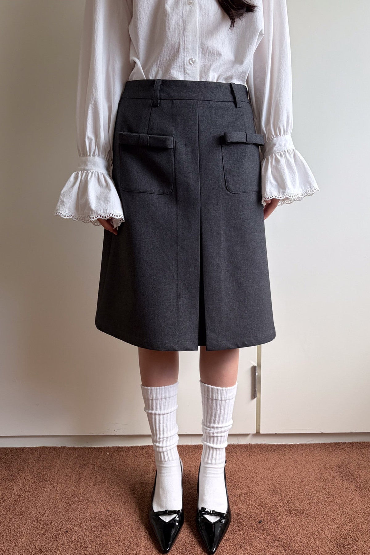 Gray Woolen Bow Pocket Skirt
