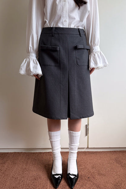 Gray Woolen Bow Pocket Skirt