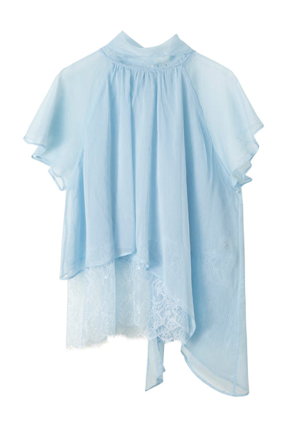 Sheer Blue Lace Ribbon Short Sleeve Top