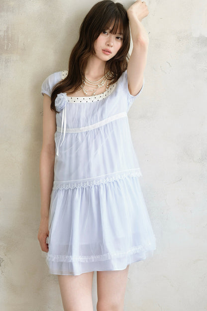 Abito a balze in tulle floreale azzurro chiaro