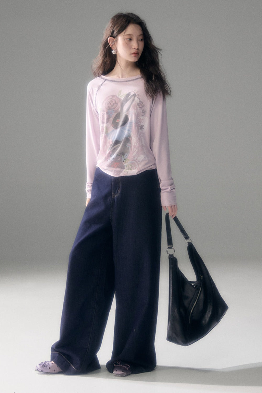 Bunny Print Tencel Long-Sleeved T-Shirt and Pants Set-Up