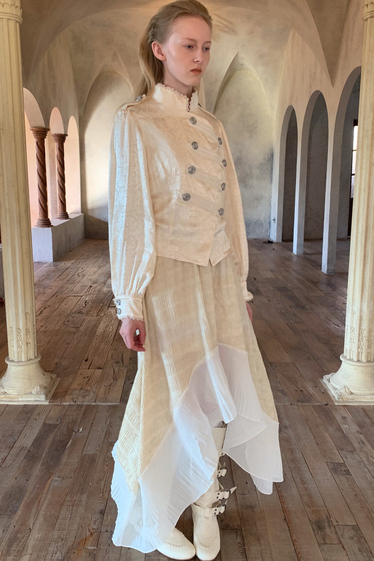 Beige Lace Stand Collar Jacket