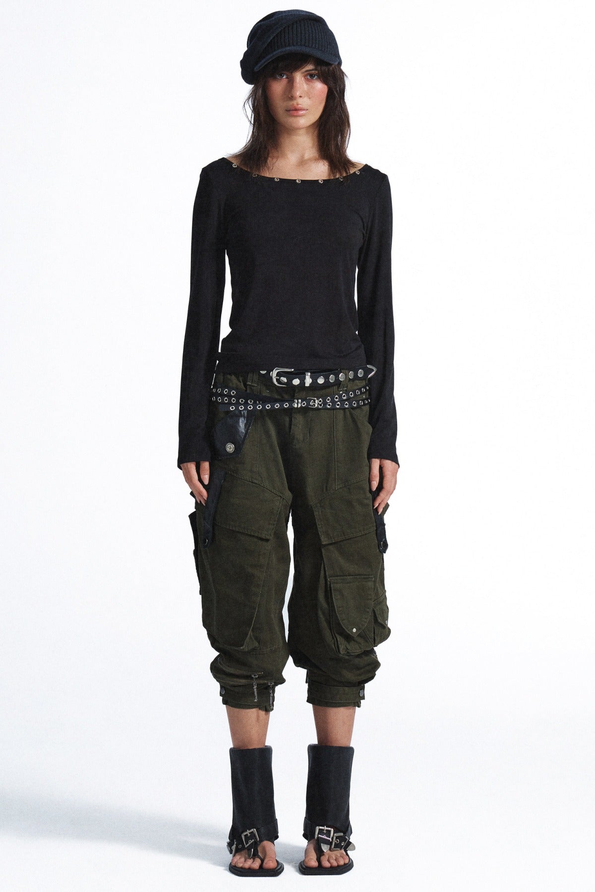 Multi-Pocket Contrast Stitching Cuffed Cargo Pants