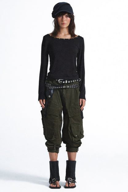 Multi-Pocket Contrast Stitching Cuffed Cargo Pants