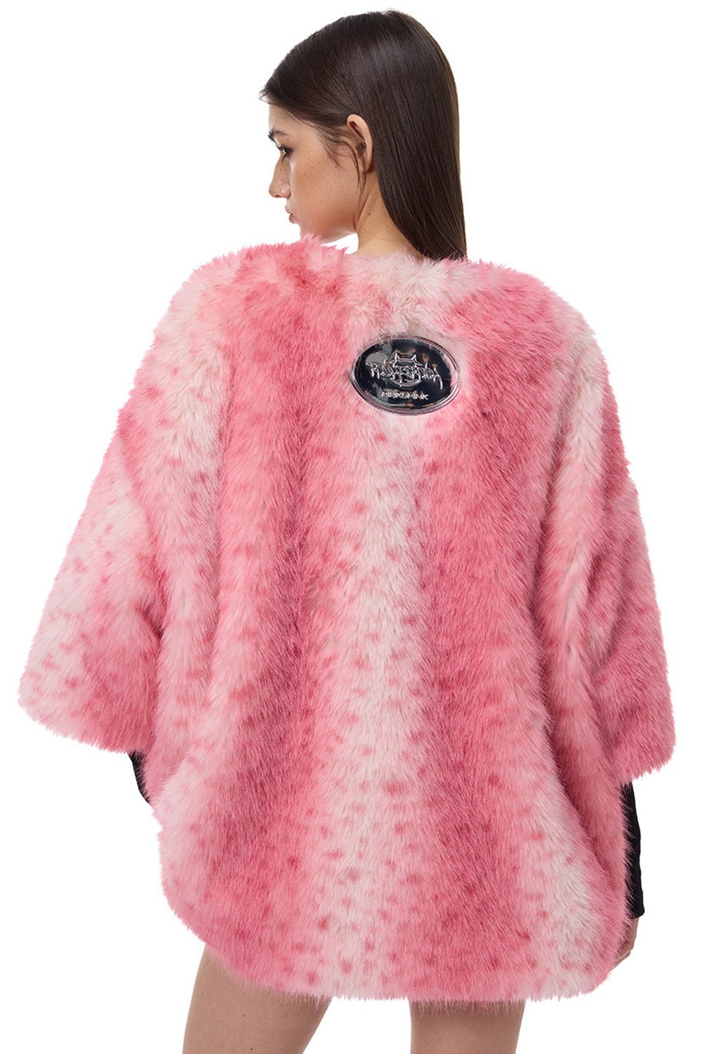 Pink Leopard Heart Embroidered Faux Fur Jacket