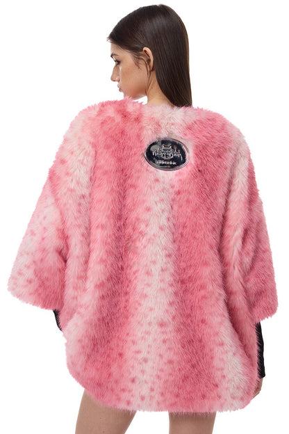 Pink Leopard Heart Embroidered Faux Fur Jacket