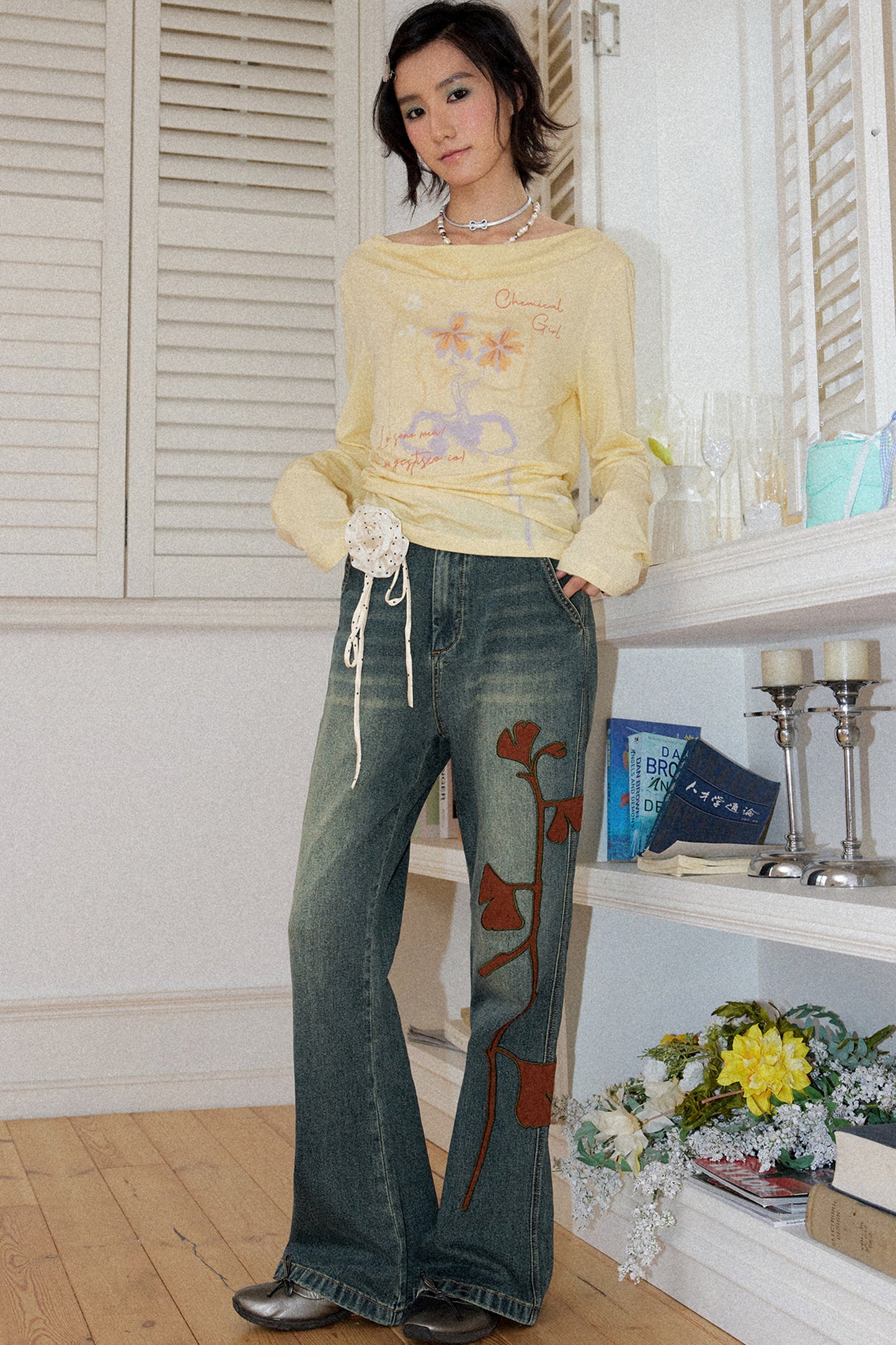 Ginkgo Leaf Embroidered Denim Pants
