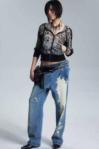 Gold Leopard Rivet Mesh Mid-Sleeve Top