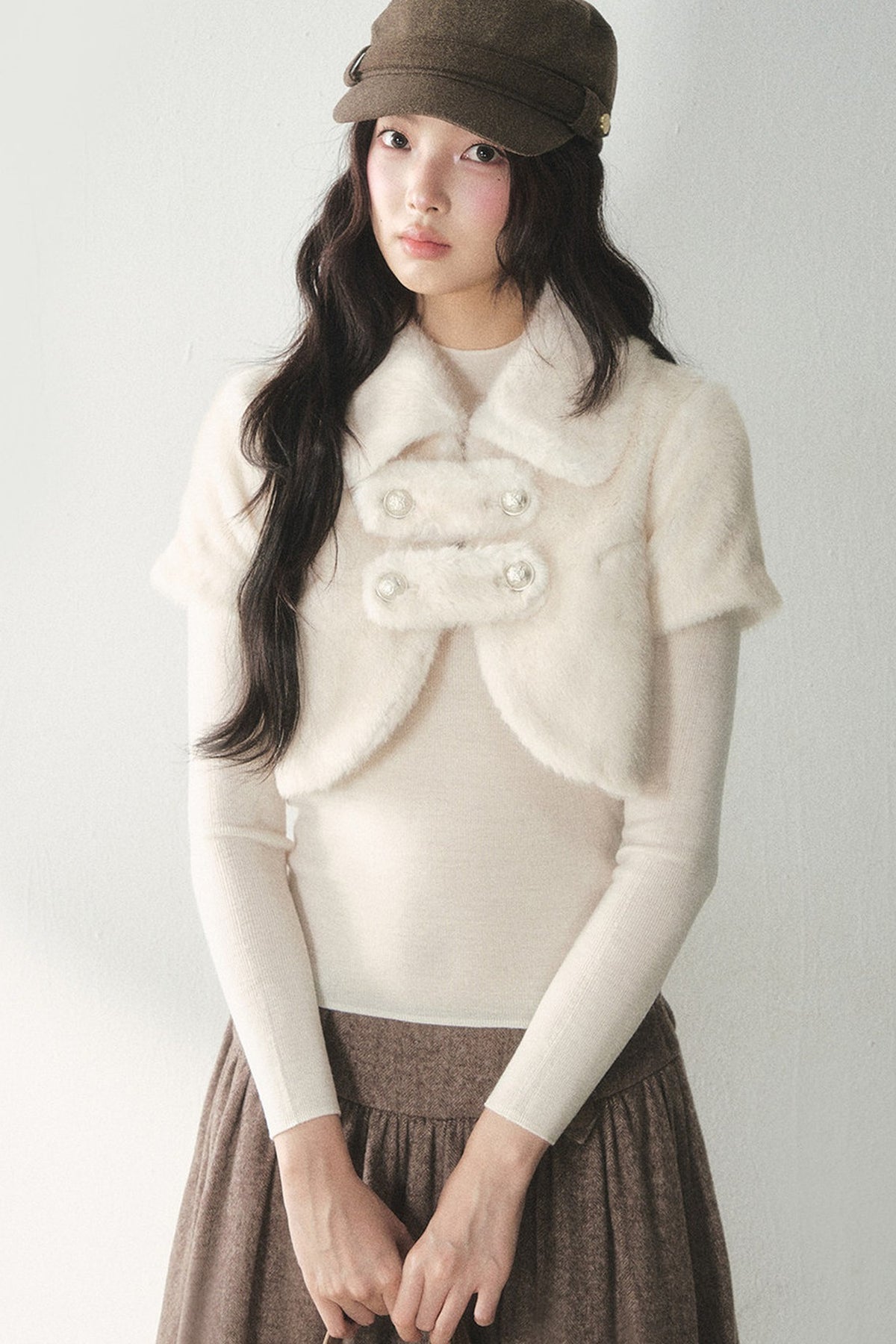 Short-Sleeved Double-Breasted Faux Fur Jacket