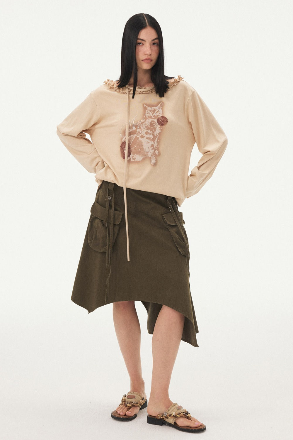 Cat Print Ruffle Off Shoulder Top
