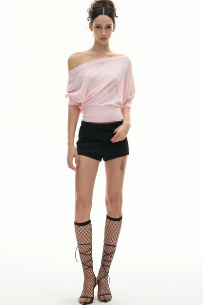 Two-Tone Rhinestone One-Shoulder T-Shirt