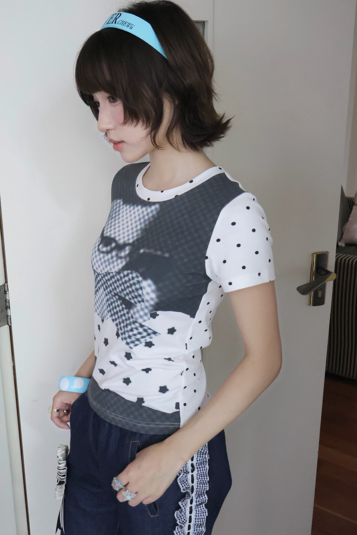 Cat Print Polka Dot T-Shirt