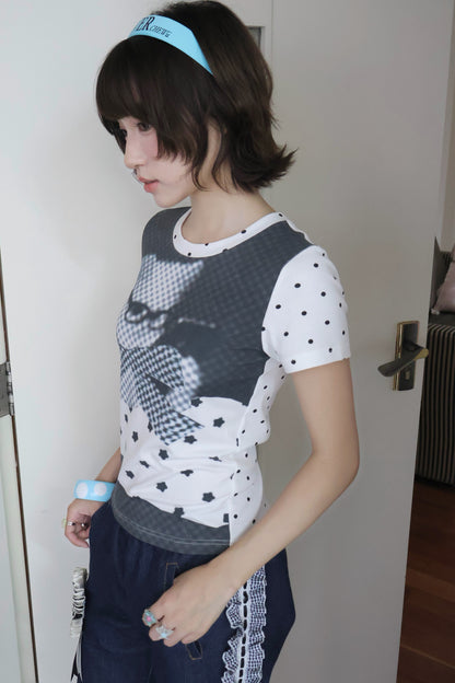 Cat Print Polka Dot T-Shirt