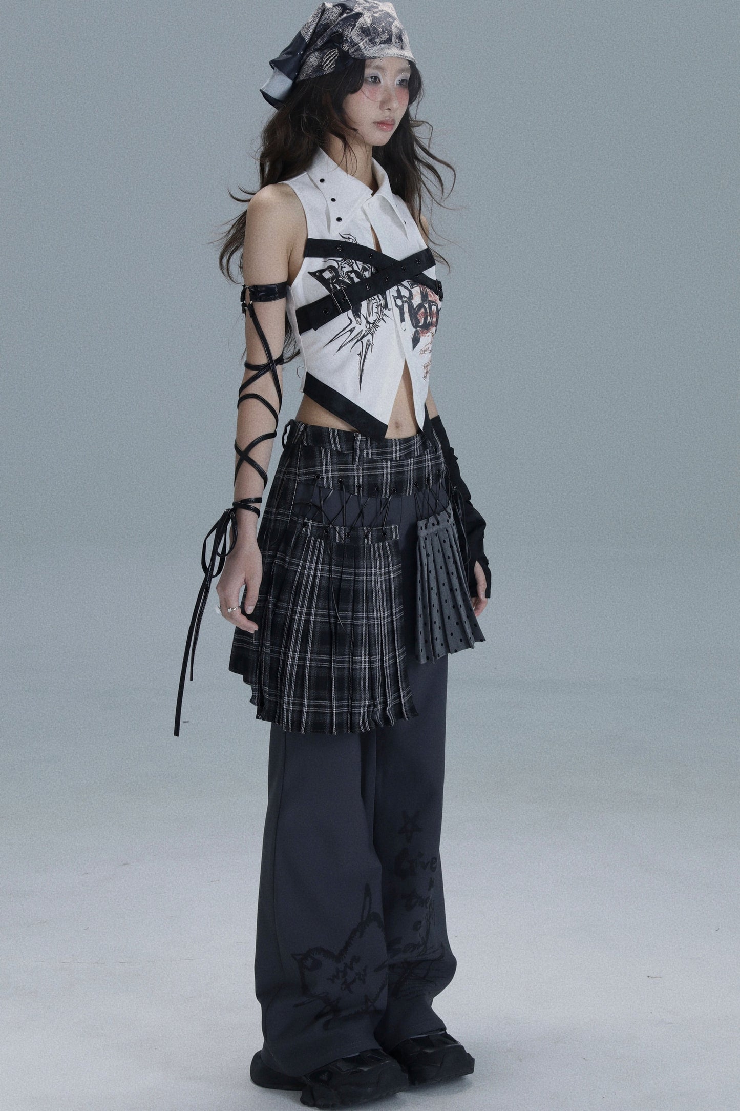 Layered Plaid Skirt Pants