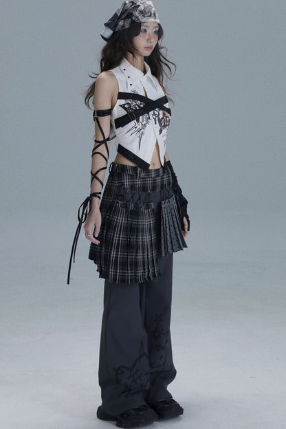 Layered Plaid Skirt Pants