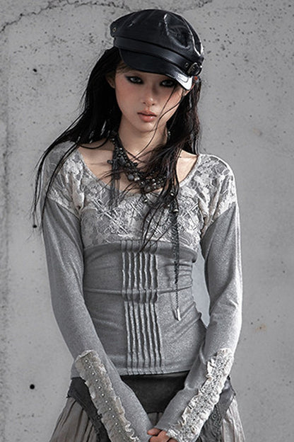 蕾絲拼接刺繡Long sleeve針織上衣