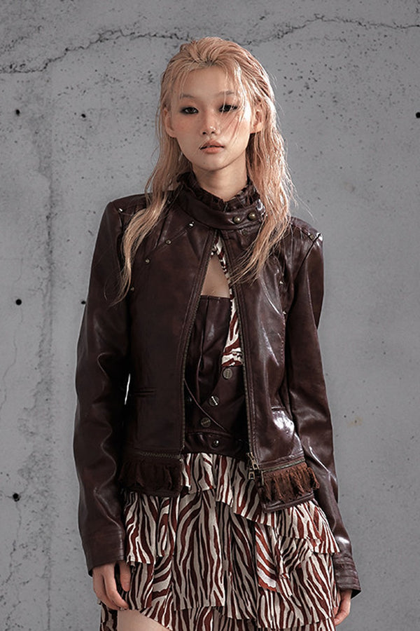 Studded Patchwork PU Leather Jacket