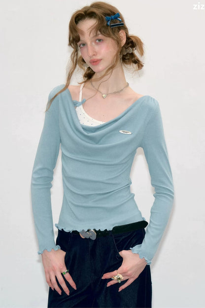 Blue Knit Flutter Collar Long Sleeve Top