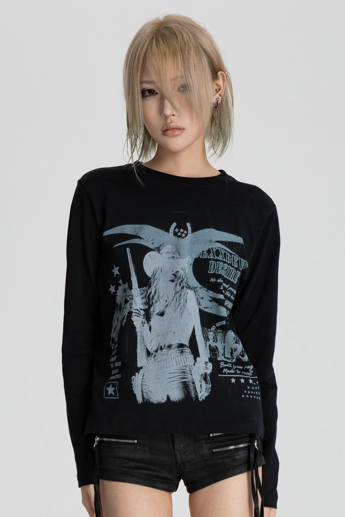 Distressed Digital Print Long Sleeve T-Shirt