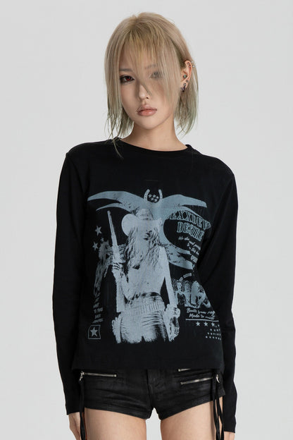 Distressed Digital Print Long Sleeve T-Shirt