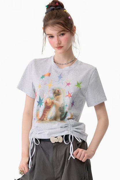 T-Shirt mit Katzenmotiv und Kordelzug
