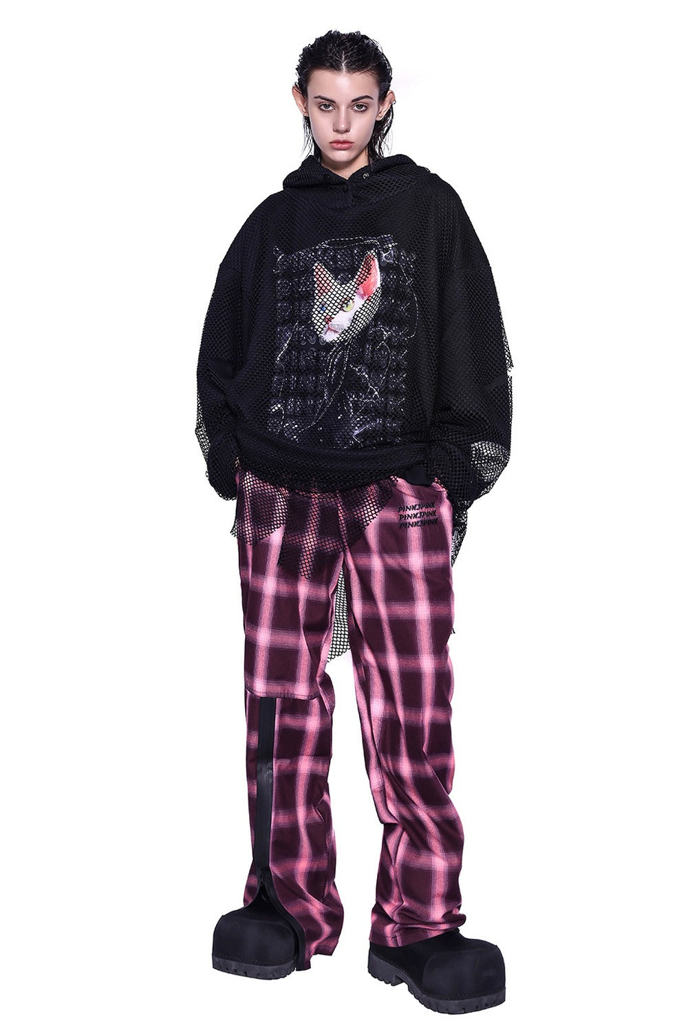 Cat Ear Layered Mesh Hooded Sweatshirt