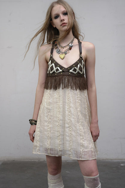 Fringe Leather Strap Camisole Dress