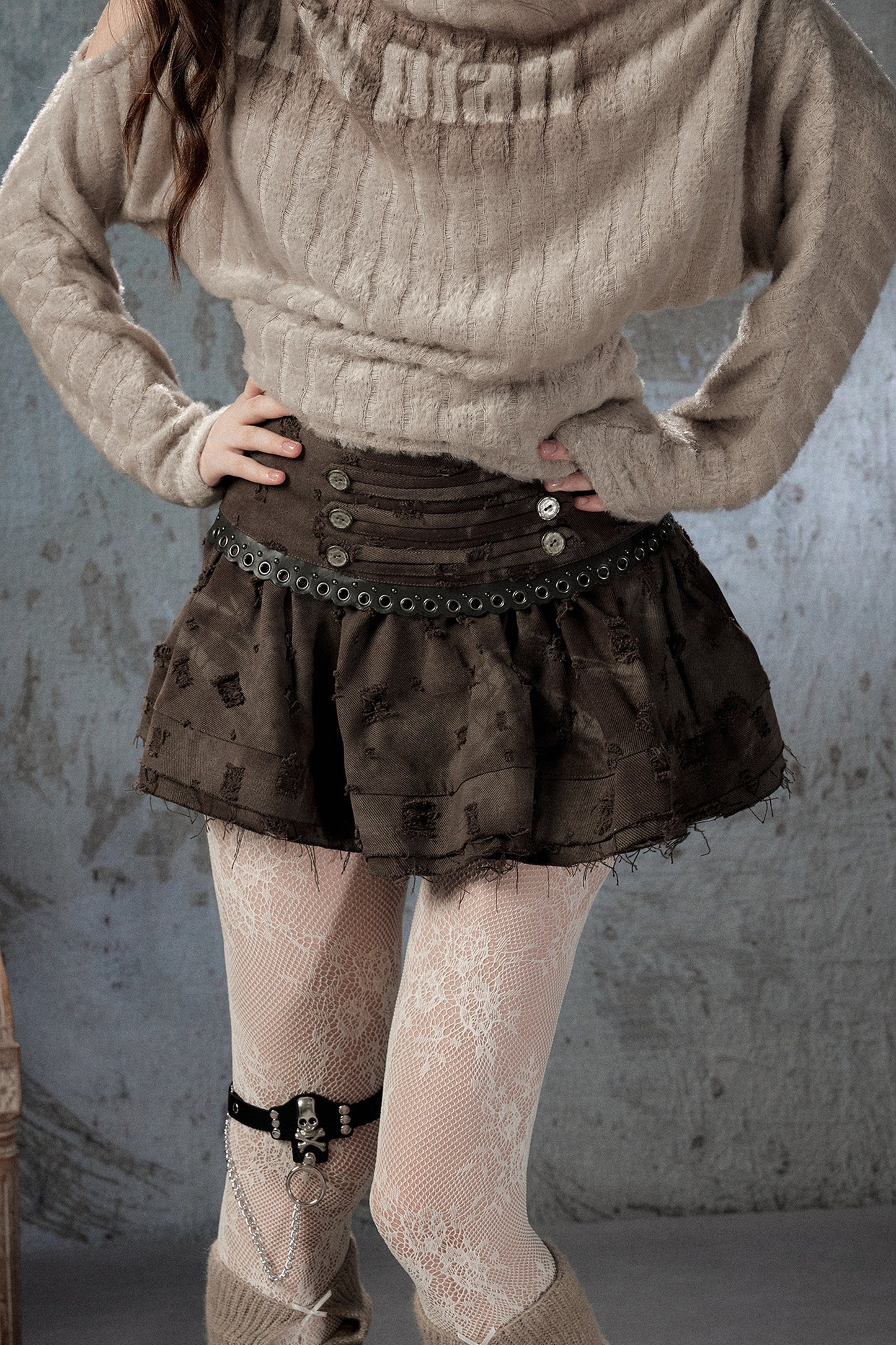 Vintage Distressed High-Waisted Skirt