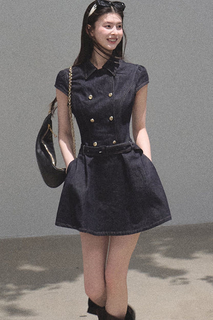 Retro Denim Waist-Cinching Dress Set-Up