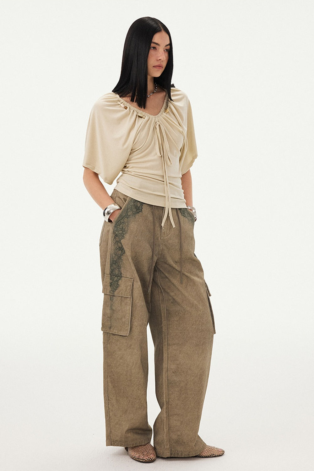 Beaded V Neck Batwing Blouse