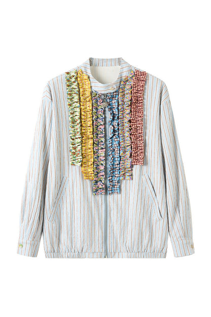 Blue White Striped Lace Trim Stand Collar Sweatshirt