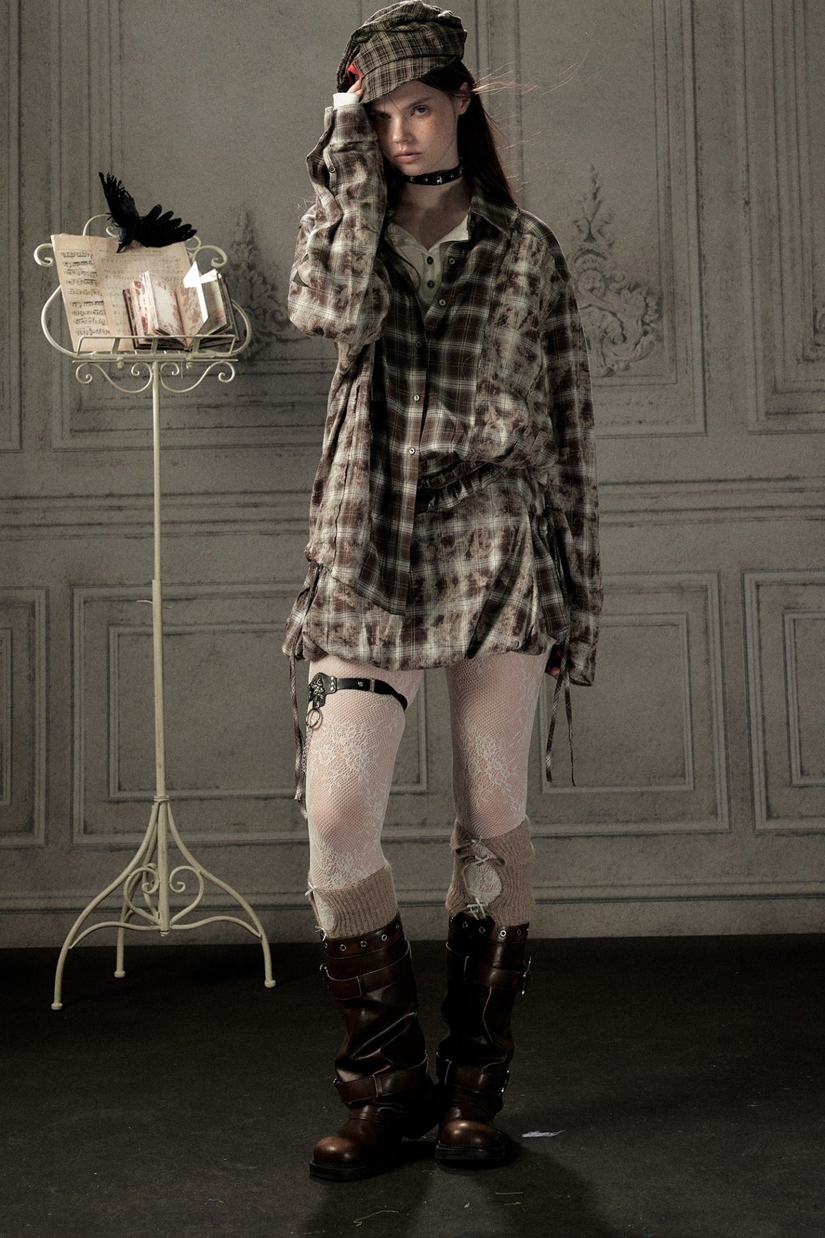 High-Waisted Coffee Plaid Ruffle Tie Skirt