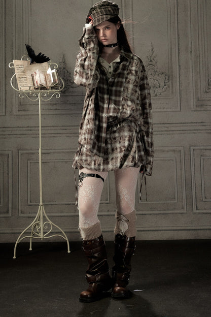 High-Waisted Coffee Plaid Ruffle Tie Skirt
